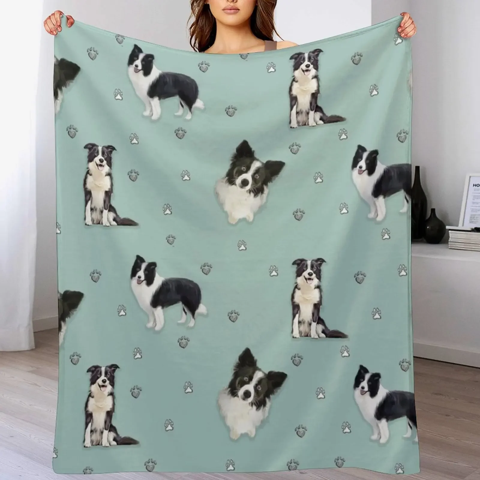 collie pattern blue painting Throw Blanket Stylish Decor Blanket Gift for Friends Roommate