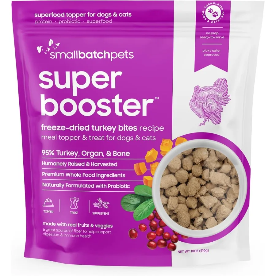 

Freeze Dried Dog Treats Superfood Food Topper Turkey Bites for Dogs and Cats Probiotics Organic Ingredients High Protein Grain