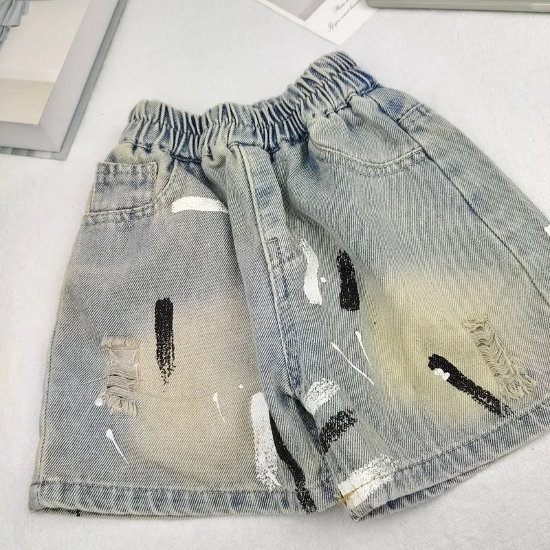 Summer Kids Denim Shorts for 90-150cm Boys Shorts Girls Graffiti Elastic Waist Ripped Casual Shorts Teenage Children Pants