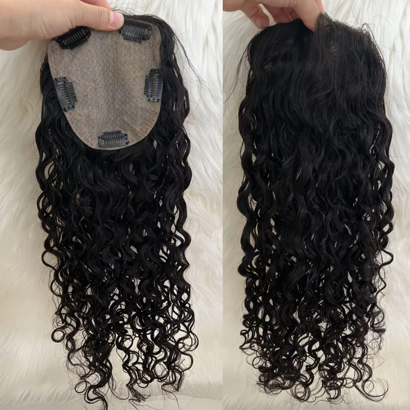 Long Curly Human Hair Topper European Virgin Human Hair Natural Skin Scalp Silk Base Women Toupee Free Parting Clip In Hairpiece