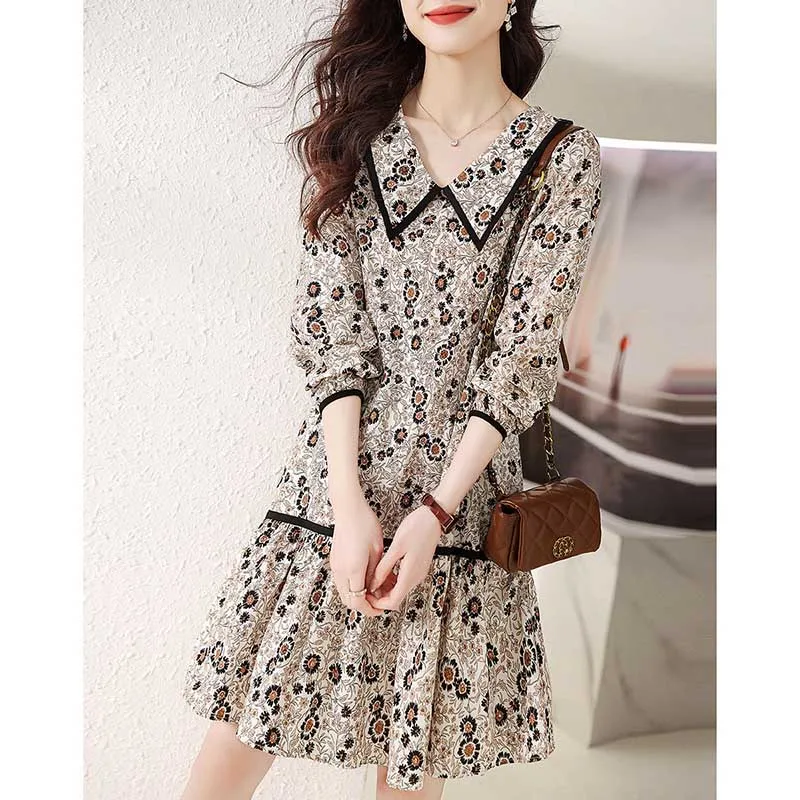 

Elegant Lapel Printed Spliced All-match Folds Floral Dress Women's Clothing 2024 Spring Summer New Loose Office Lady Mini Dress