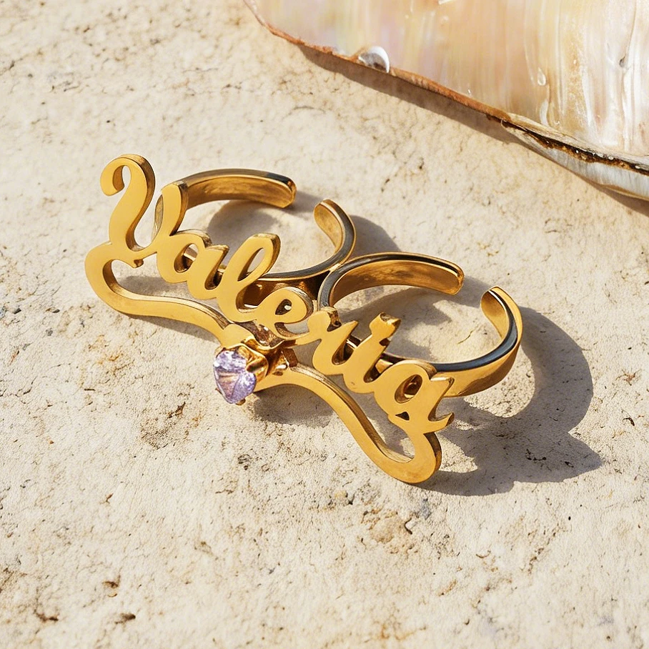 

Fashion Custom Name Birthstone Double Row Rings For Women Stainless Steel Jewelry Open Fingers Ring Adjustable Personalized Gift