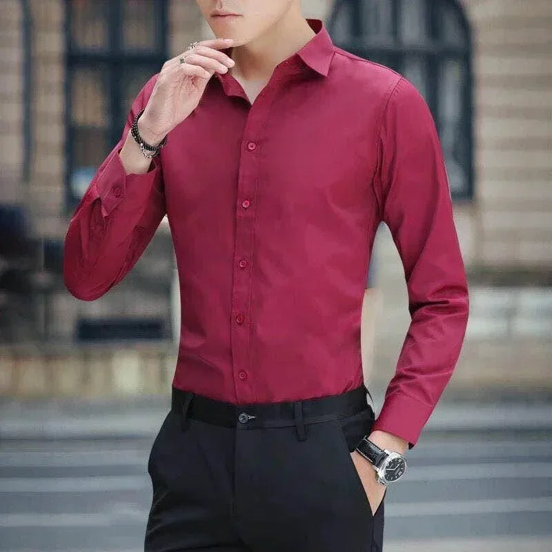 

Clothing Red Korean Style Man Tops Plain Shirts and Blouses for Men Office Dress Shirt Normal Luxury Silk Cool Button Slim Fit S