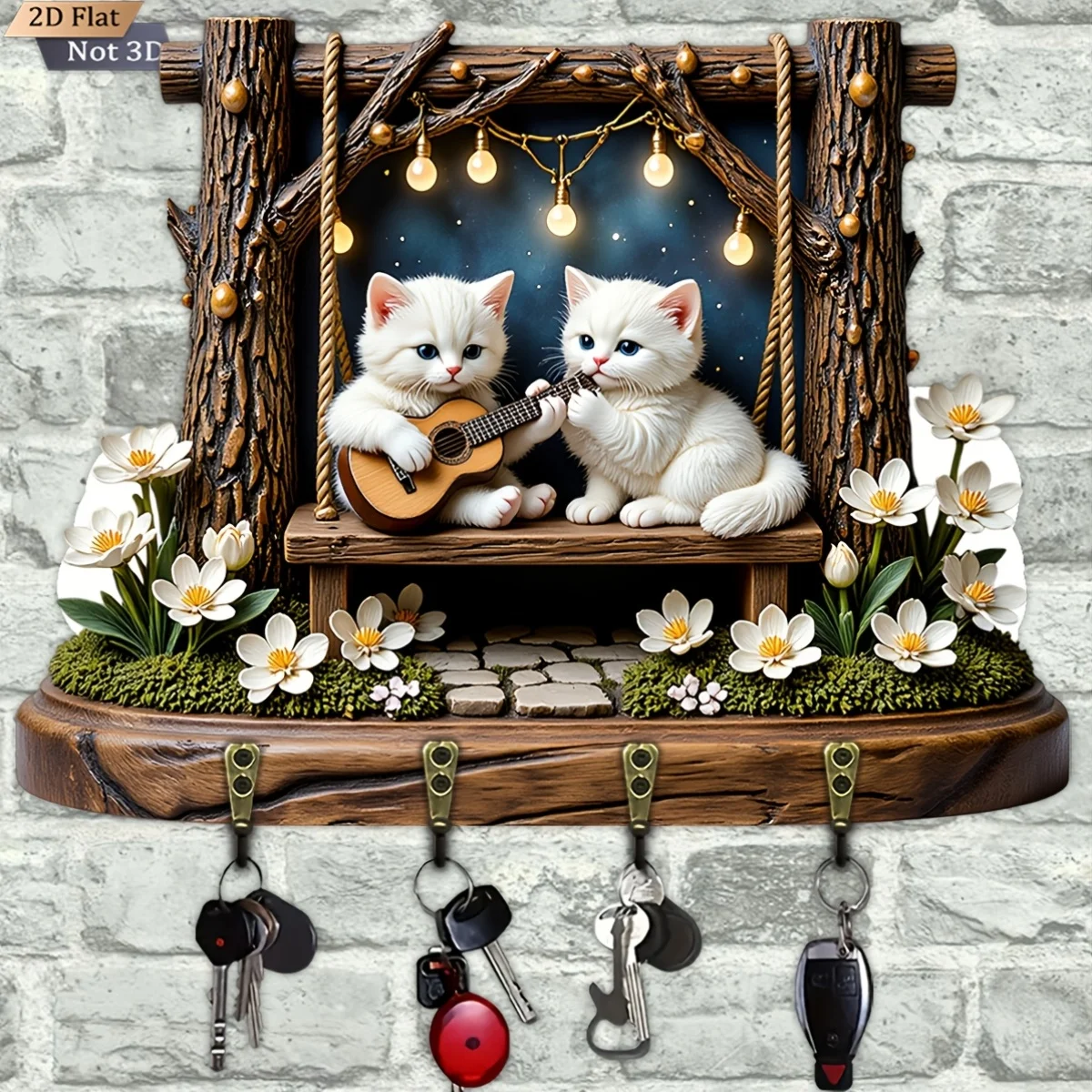 [2D Plane], 2D Flat, 1pc, Two White Cats Playing Guitar Swing Key Hook Wooden Multifunctional Home Key Rack with Four Metal