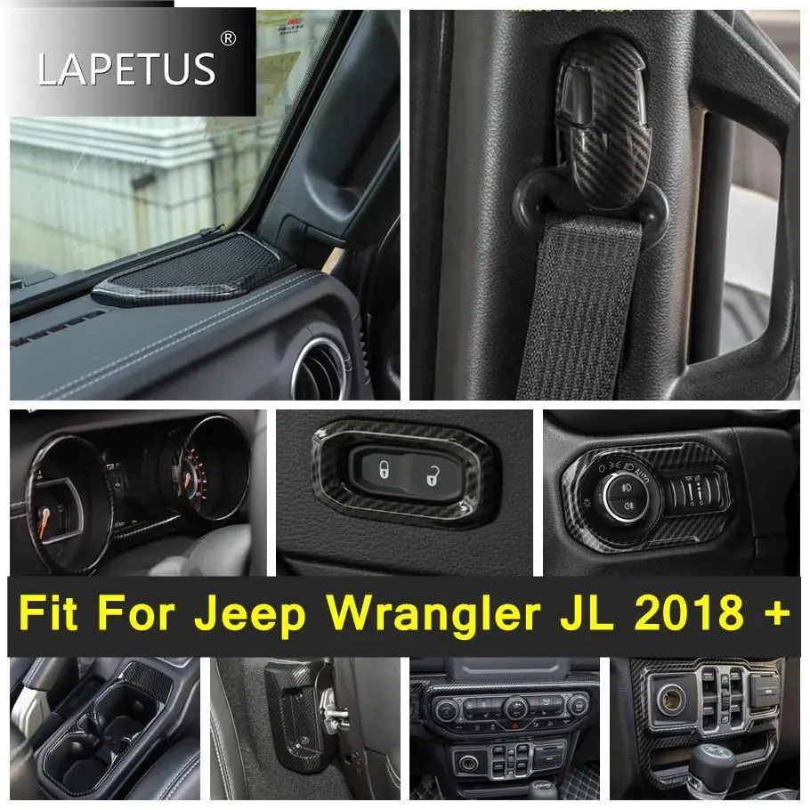 

Carbon Fiber Accessories Safety Belt / Dashboard / Air AC / Rear Door Lock Buckle Cover Trim For Jeep Wrangler JL 2018 - 2023