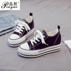 Zapatillas de Lona con Plataforma y Tacón Oculto de 8 cm para Mujer, Nuevas, Blancas y Negras, para Exteriores, a la Moda, para Chicas, Tallas 34-40