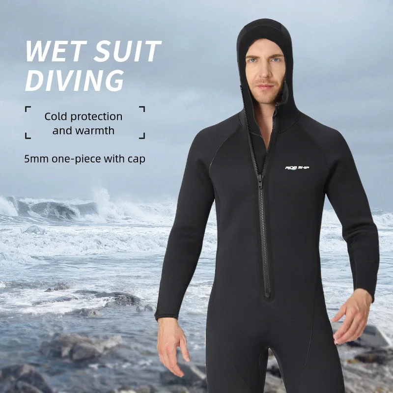 

One-piece 5MM hooded diving suit for cold and warm wetsuit with zipper for surfing, deep diving, swimming and free diving