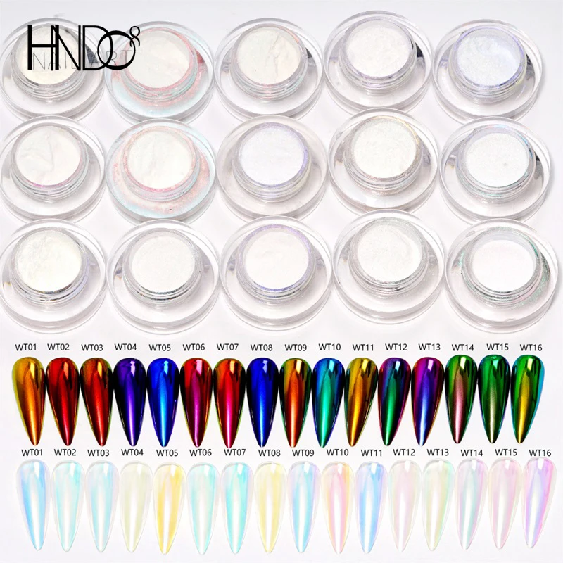 HNDO 16 Pcs Set Aurora Chrome Powder Nail Glitter Rubbing Pigment Dust Mirror Effect for Nail Art Decoration Manicure WT Series