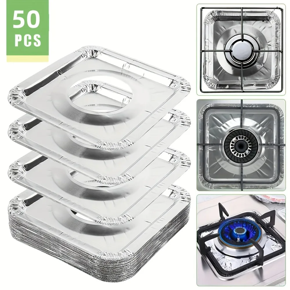 

50Pcs/set Disposable Gas Stove Burner Covers Aluminum Foil 23cm Square Oil-proof Pads Heat-Resistant Protectors Thick Top Liner