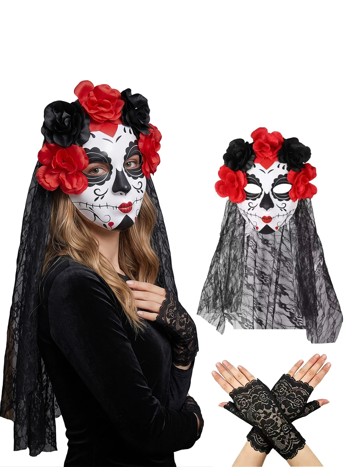 Halloween Day of The Dead Mask Veil Flower Lace Gloves Sugar Skull Cosplay Accessory Set
