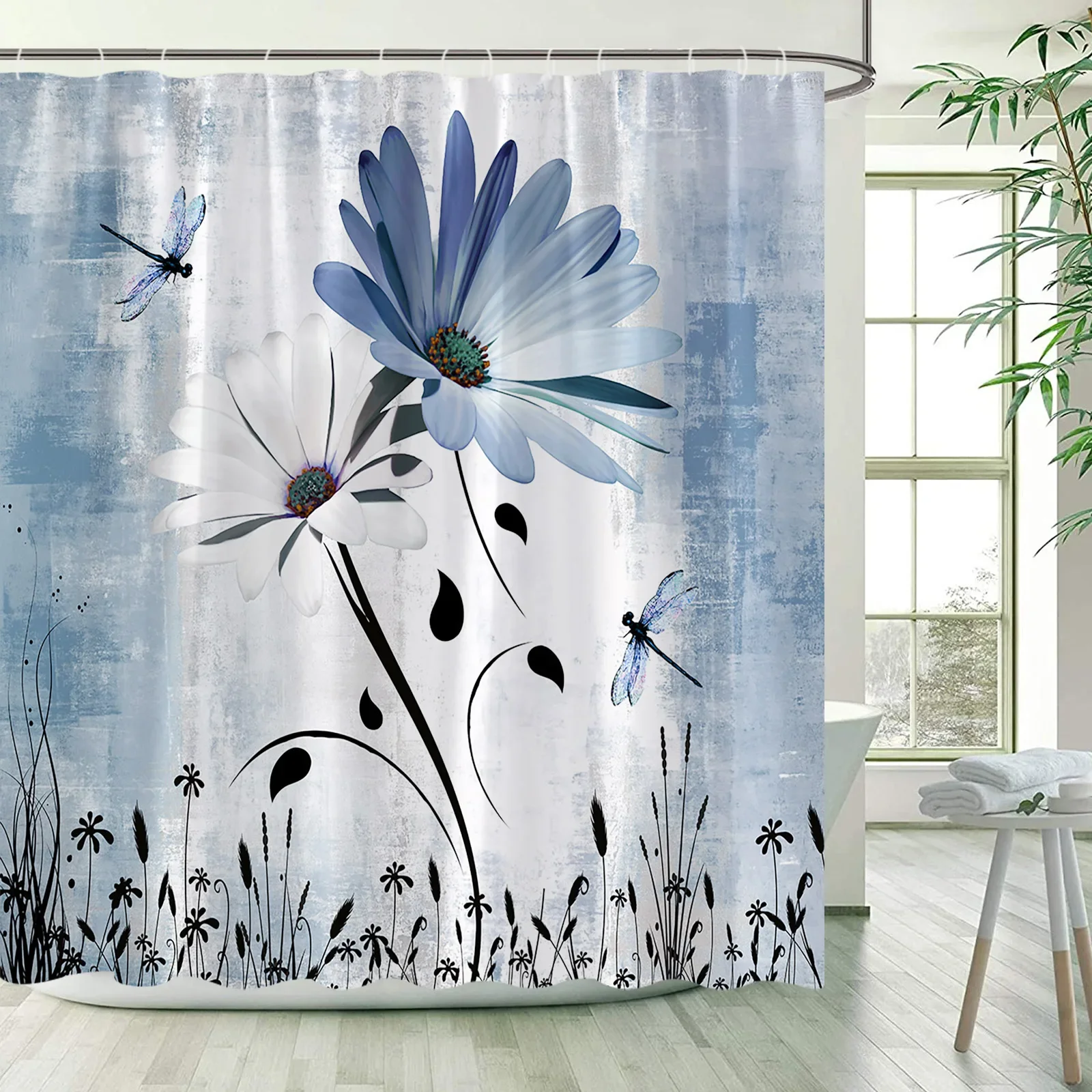 Rustic Floral Shower Curtains Blue White Flowers Plant Dragonfly Grunge Style Art Bath Curtain Fabric Bathroom Decor with Hooks