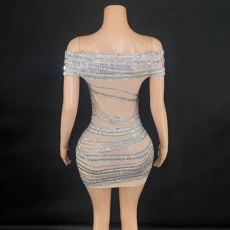 One-word Shoulder Design Full Diamond Slim Dress Nightclub Dancing Singer Performance Suit Catwalk Banquet Party Dress 홀터넥 웨딩드레스