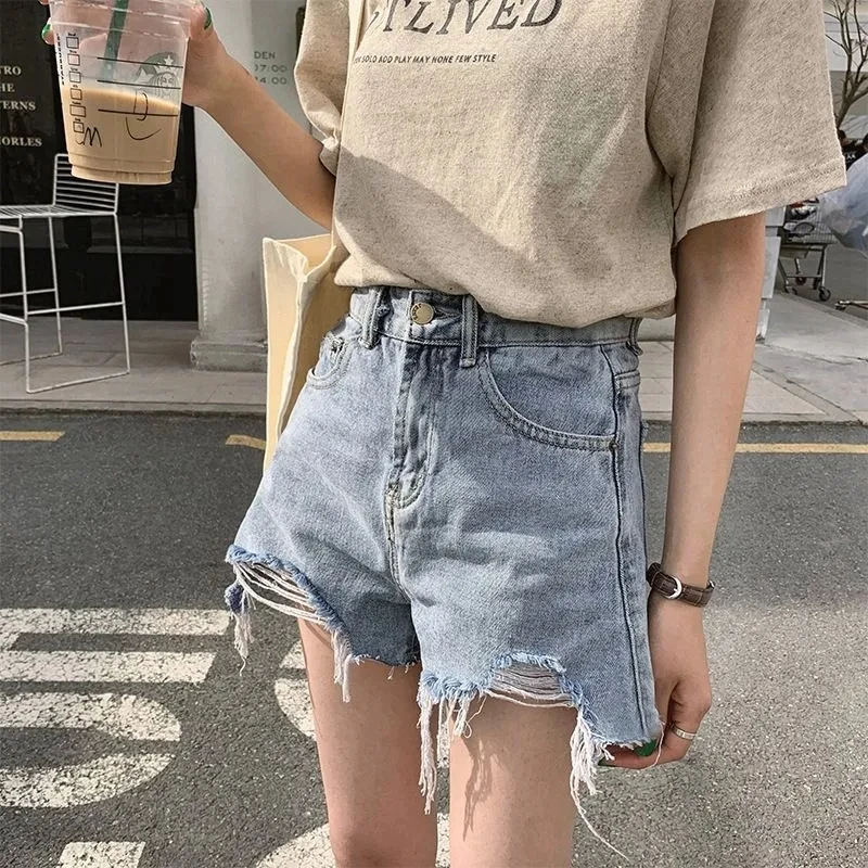 

Korean Fashion Summer Shorts Women Hole High Waist Short Jeans Burrs Female Build A Word Torn Wide-Legged Short Pants Streetwear