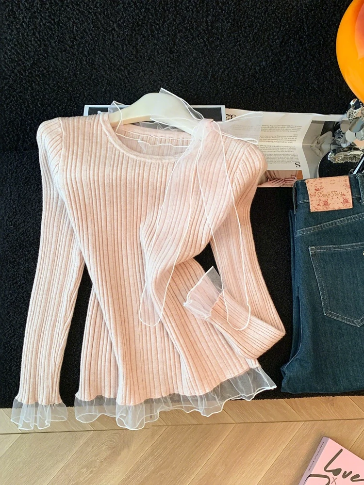 

Новый женский трикотажный свитер-базовый слой в корейском стиле, осенне-зимний, красивый, модный, с элементами комбинирования