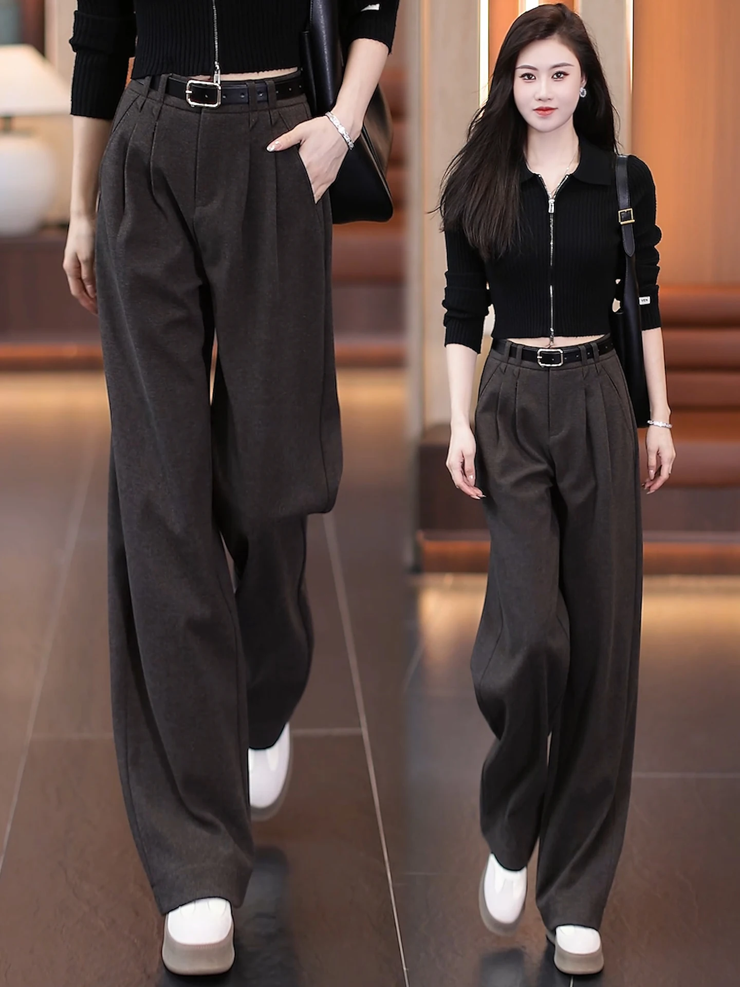 

Женские брюки с высокой талией и широкими штанинами, осенне-зимняя новинка, повседневные свободные прямые шерстяные брюки, стройнящие фигуру