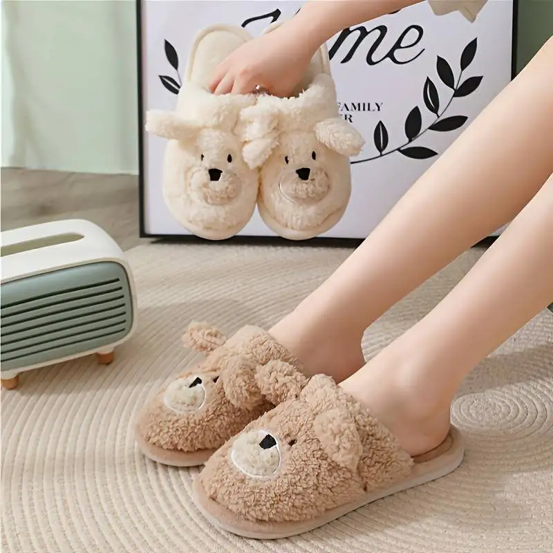 Women Cartoon Bear Fluffy Slippers Indoor Winter Warm Faux Fur Slipper Bedroom Anti Slip Plush Slides Animals Couple Shoes