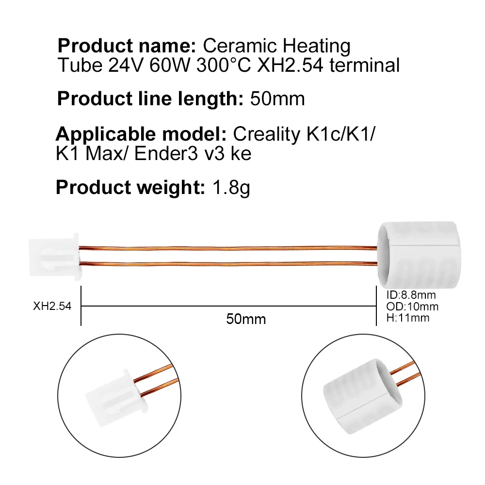 24V 60W 300°C Thermeistor sensor High Thermal Conductivity For Creality K1/K1C/K1 Max/Ender 3 V3 KE Hotend Ceramic Heating Tube