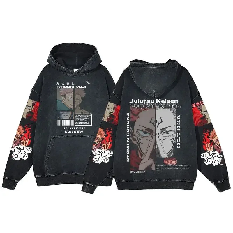 Jujutsu Kaisen Anime Hoodie 100% Cotton Men's Clothing Vintage Black Acid Washed Hoodies Long Sleeve Women Hip Hop Sweatshirts