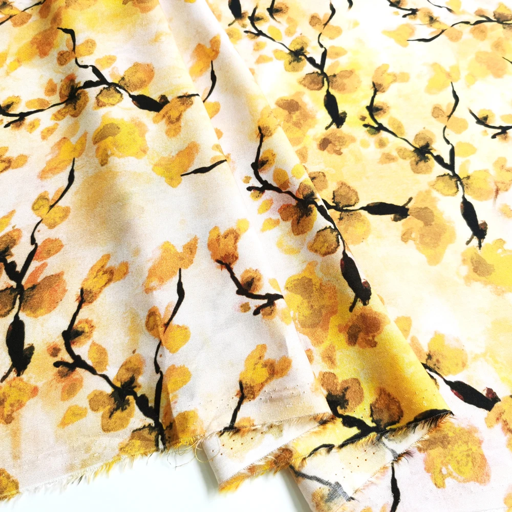 1 meter X 1.4 meter Yellow Floral Fabric Viscose Soft Rayon Material Children