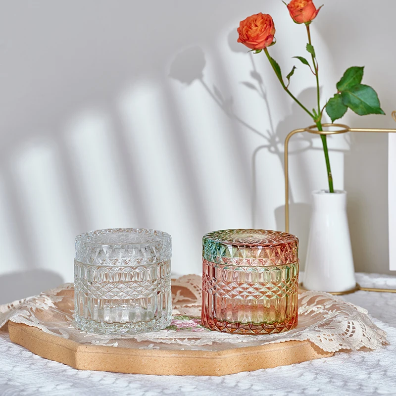 Transparent Glass Jar Jewelry Cotton Swabs Storage Box Embossed European Storage Box Home Decoration Ornaments Storage Jar