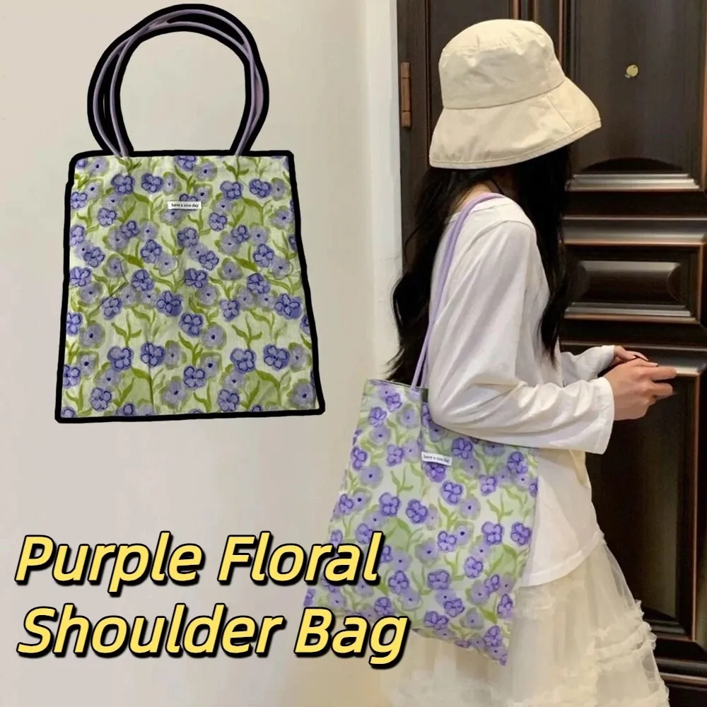 

Casual Purple Floral Women's Shoulder Bags Elegant Commuting Ladies Double Sided Tote Bag Lightweight Portable Female Handbags