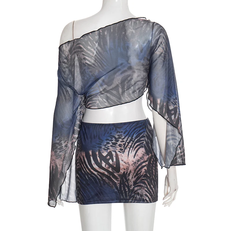 Tiger-Print-Mesh-Off-Shoulder-Oberteil mit langen Ärmeln, eng anliegender Halbrock, zweiteiliges Set – Detail 10