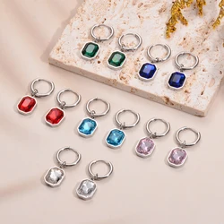 High Quality Stainless Steel Square Geometric 6 Colors Glass Crystal Bling Drop Hoop Earrings for Women Mother Jewelry Gift