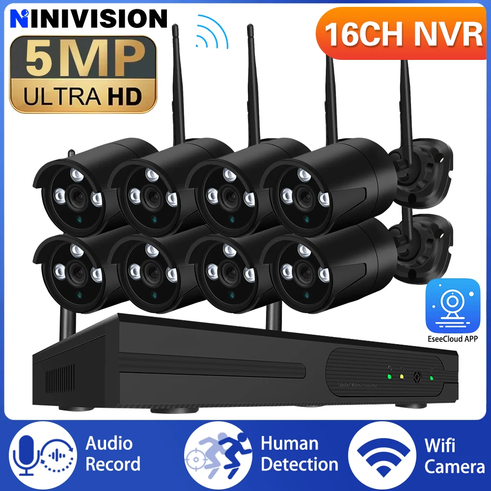 5MP Wi-Fi 16CH Wireless NVR CCTV System IP Camera Human Detection Outdoor Audio Record in CCTV Security Camera Surveillance Kits