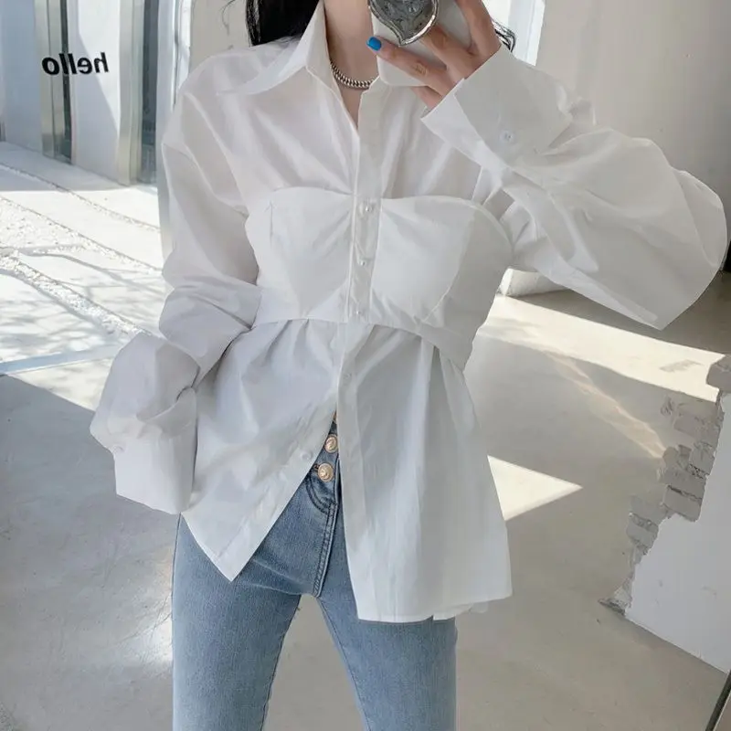 2023 New Spring and Autumn Fashion Solid Color Wrapped Chest Fake Two Piece Shirts Temperament Casual and Unique Women\'s Top