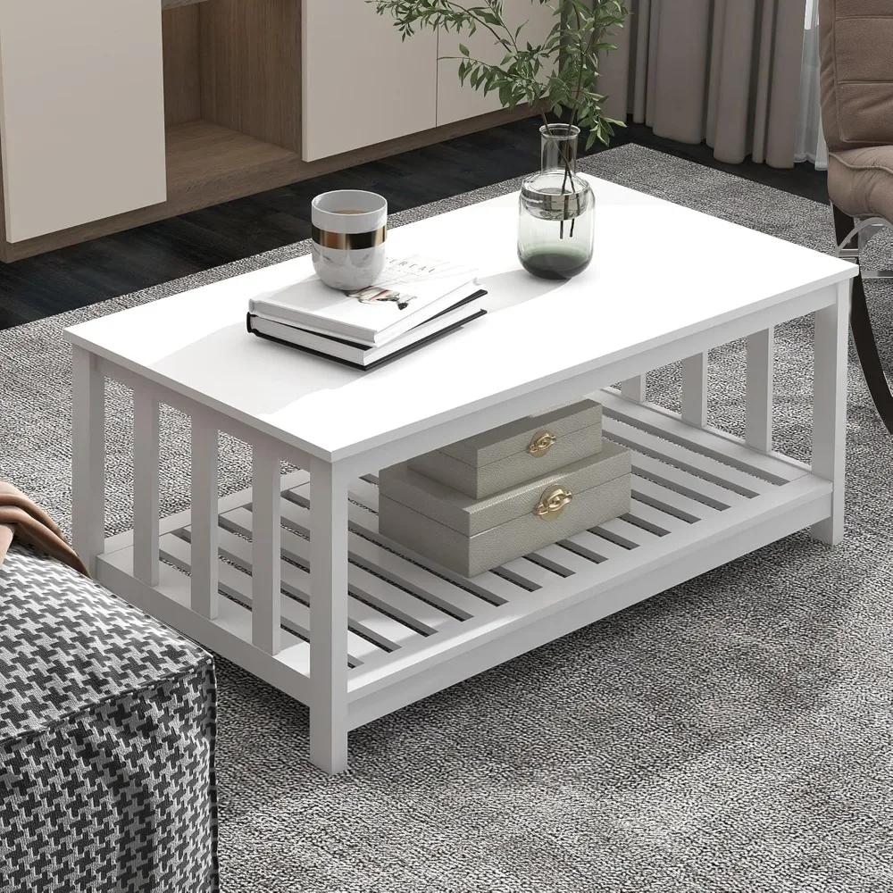 

White Modern Coffee Table with Storage Shelf 2-Tier Living Room Table Rectangular Center Table 40 Inch Wooden Coffee Tables