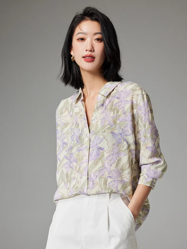 SuyaDream, Woman Floral Shirts, 100%Silk Crepe de chine, Turn Down Collar, Purple Flowers Blouses, 2024 Spring Summer Top