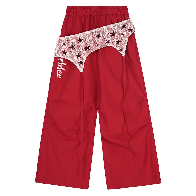 

Detachable Apron Panel Jeans Women - Red Lace Star Applique Wide Leg Pants with Curved Hem & Edgy Feminine Style Unisex