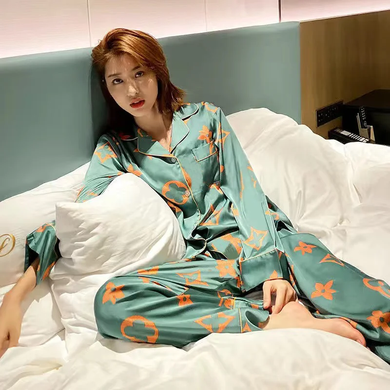 2023 Silk Satin Pajamas Set Woman Printed Long Sleeve Sleepwear Pijamas Suit Female Homewear Two Piece Loungewear Pjs Plus Size