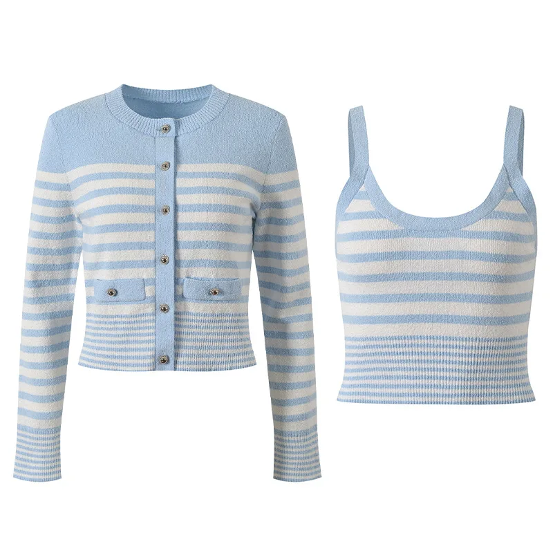 Primavera 2025 Maglia da donna slim fit rotonda Ne maglione gilet set colore Blo blu strisce bianche morbida età che riduce Faion Ens...
