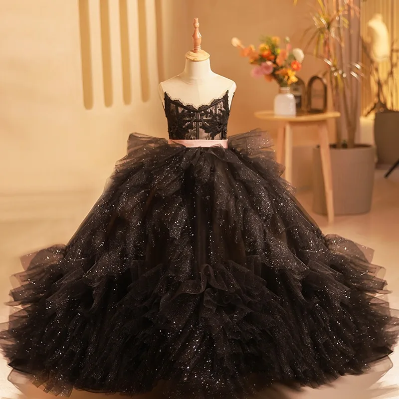 Customized Black Ball Gown Tulle Baby Flower Girl Dresses Court Train Children Wedding Prom Birthday Party Gowns