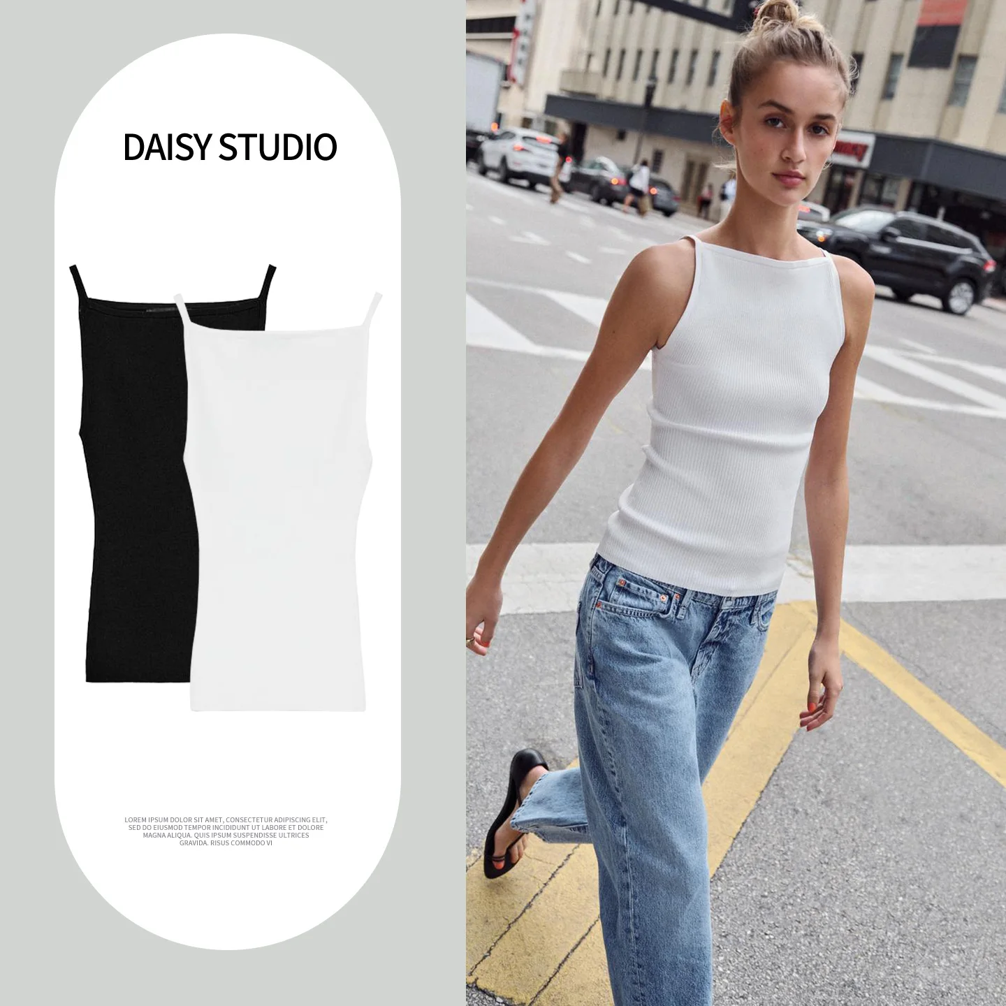 

Spring New Street Style Women's Pure Color Knitted Sleeveless Neck Hanging Top Polyester Fiber Slim Fit Short Length Stripe
