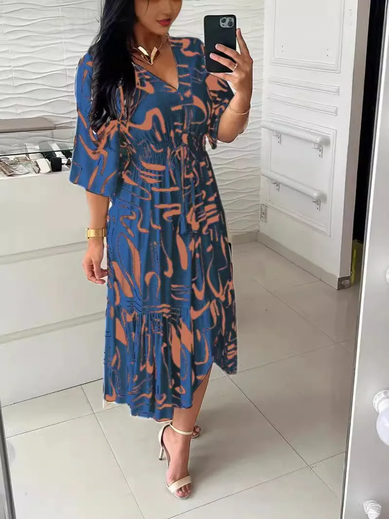 Boho wiosenna letnia bawełniana sukienka nadruk w stylu vintage sukienki damskie w pasie Vestidos kobieta na co dzień pół rękawa długa sukienka trapezowa