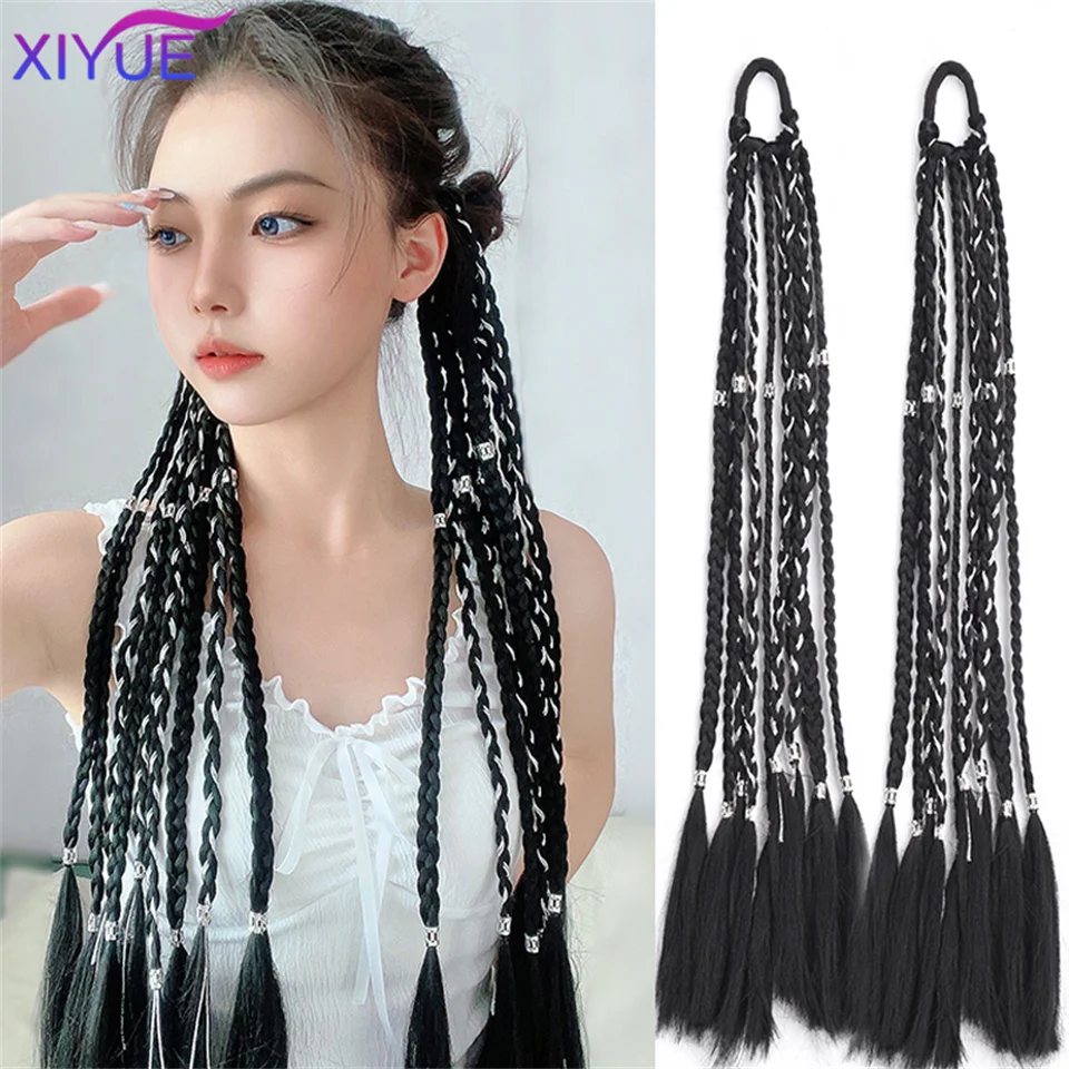 XIYUE Silver Thread Boxing Braid Tail Clip In Ponytail Hair Extension Heat Resistant Synthetic Natural Double Horse Tail Black