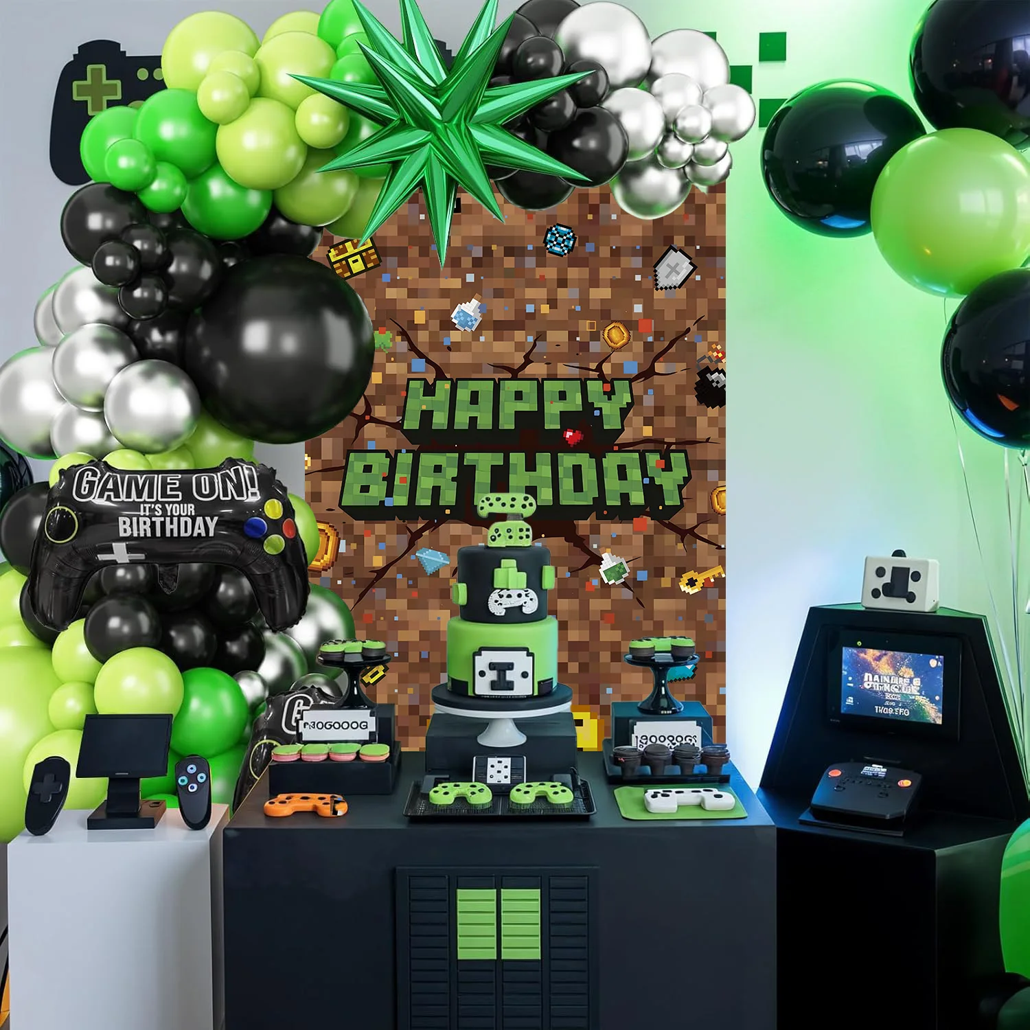Pixel-Baustein-Spiel für Jungen, Bogen-Hintergrund, Happy-Birthday-Fotohintergrund, Wanddekorationen für Kindergeburtstagsfeiern – Detail 6