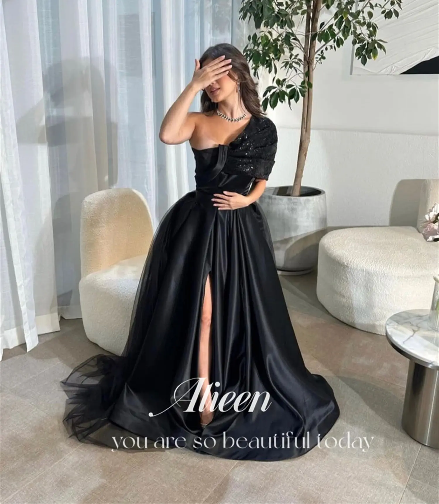 

Aileen Customized Black Satin Chubby Elegant Party Dresses for Wedding Night Evening Woman Gala Prom Dress 2024 Graduation Saudi