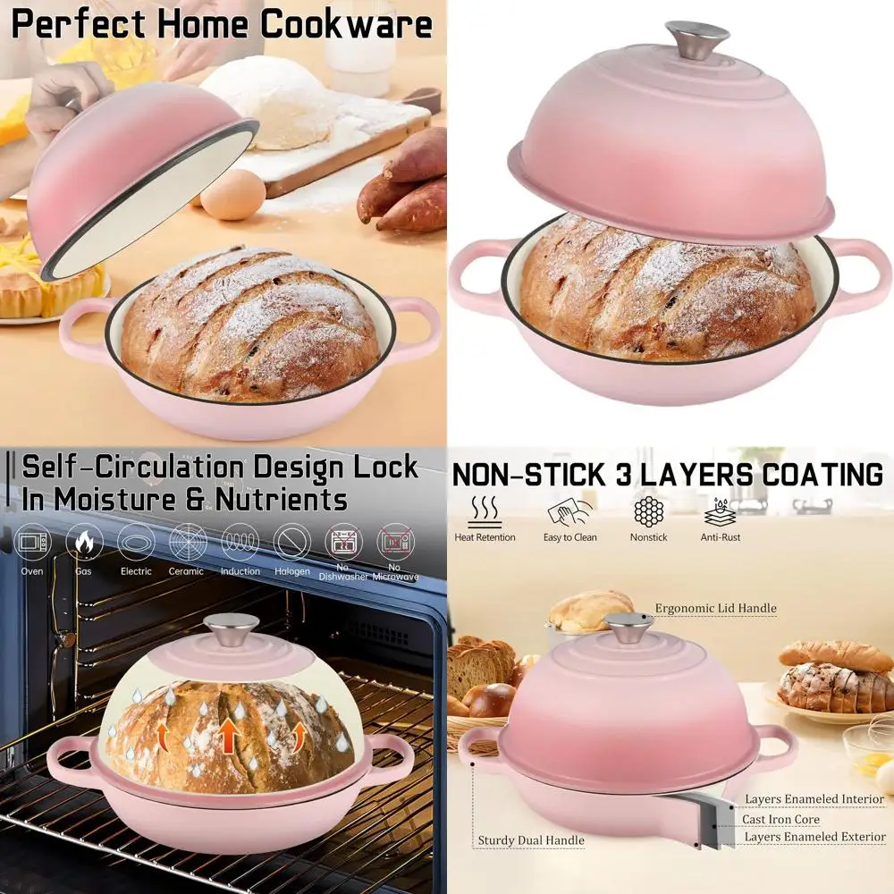 

10 Pink Enamel Cast Iron Dutch Oven with Dome Lid, 6-Quart Sourdough Bread Baking Pan, Non-stick Cookware