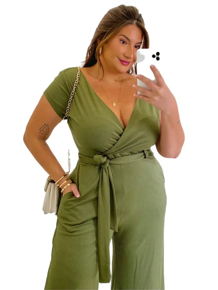 Wmstar Plus Size Women Clothes Jumpsuit Solid Off Shoulder with Bandage Summer Beach V Neck New Style Wholesale Dropshipping