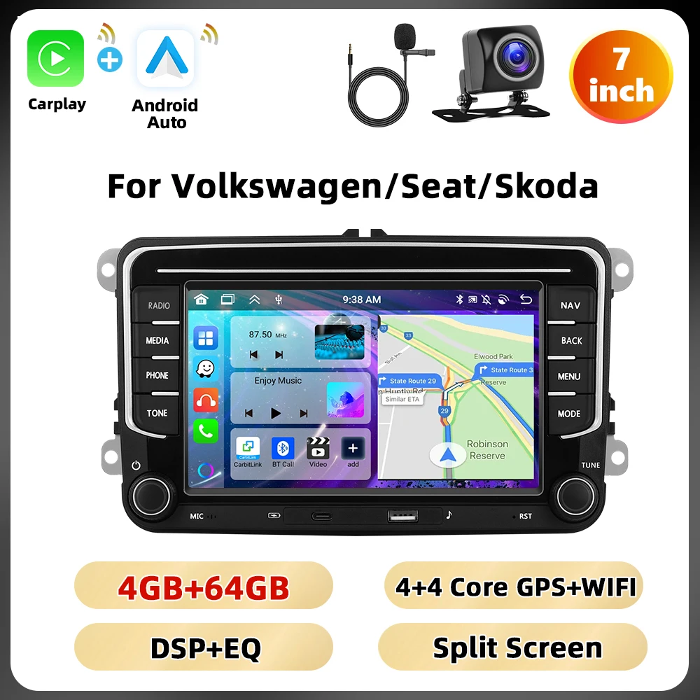 Podofo 6 + 128G 7 ''Autoradio Voor VW/PASSAT/CADDY/POLO/BEETLE Multimedia Speler Carplay Android Auto Type-C WIFI GPS Auto Audio
