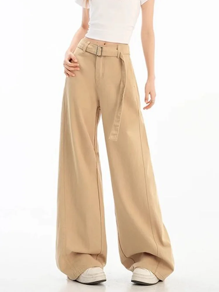 

Джинсы цвета хаки в стиле ретро Zoki с поясом, женские джинсы Y2K с высокой талией, свободная уличная одежда, джинсовые брюки, повседневные американские винтажные осенние широкие брюки