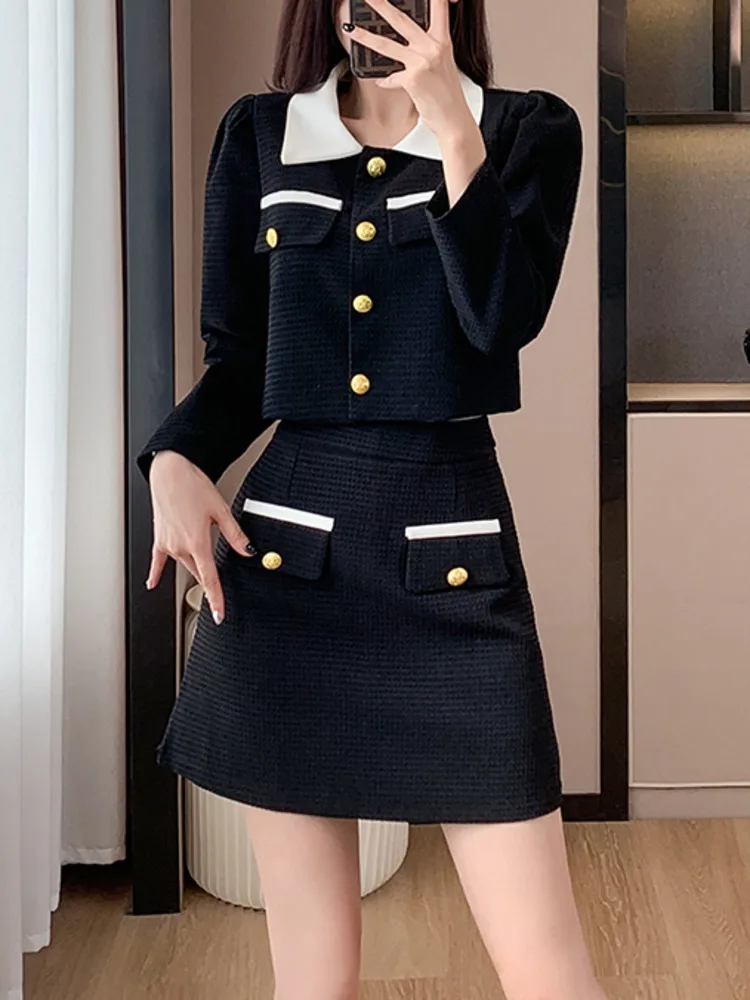 Spring Autumn Women Sweet Tweed Skirt Suits Turn-down Collar Long Sleeve Short Jacket And High Waist Mini Skirt Two Piece Set