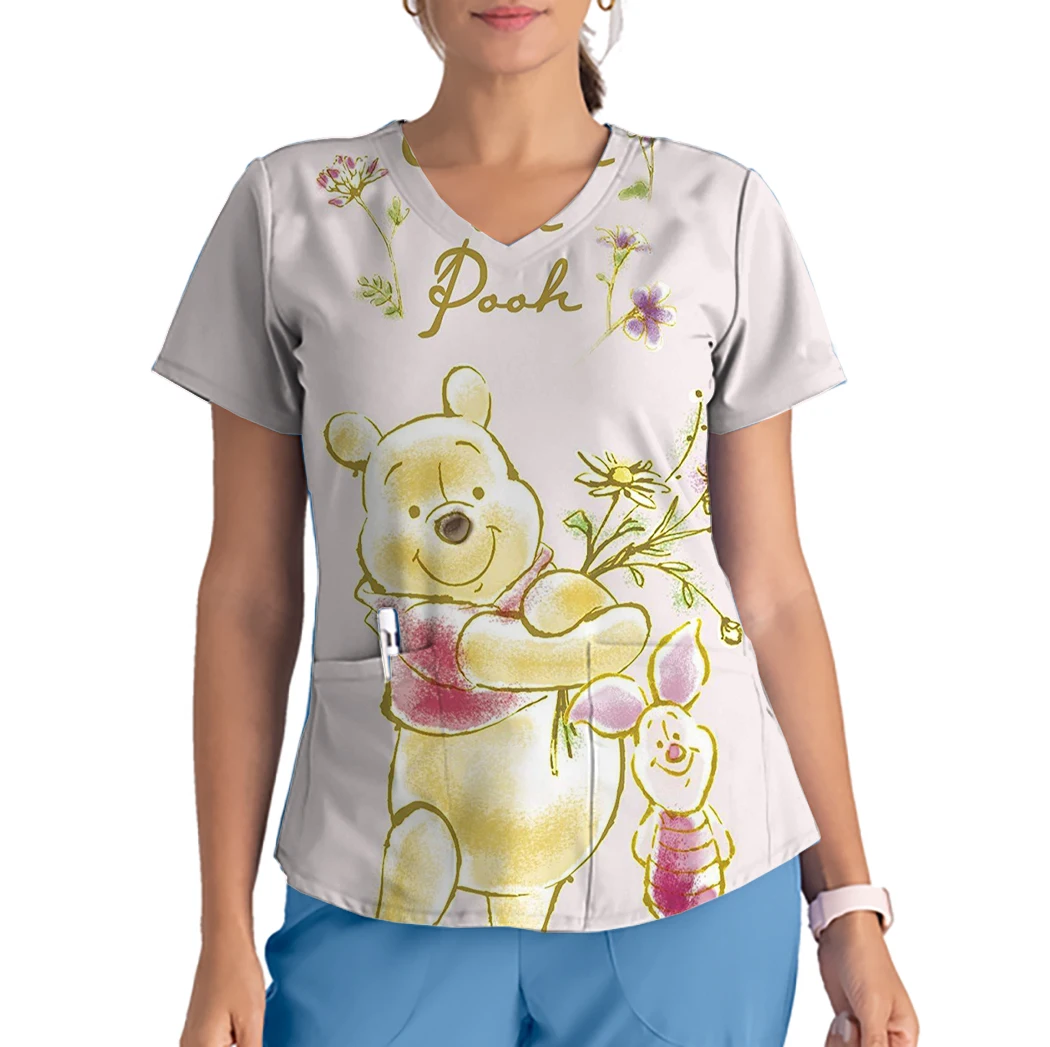 Mulheres disney pooh estampa de enfermagem tops, uniforme elástico de trabalho, manga curta, decote V, hospital, enfermagem, hospital