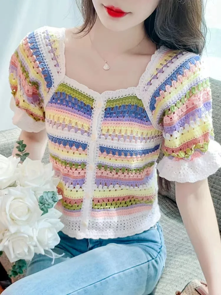 Boring Honey Rainbow Colors Square Collar Women\'s Clothes For Summer Short Sleeves Tops Single-Breasted Fashion Women Blouses