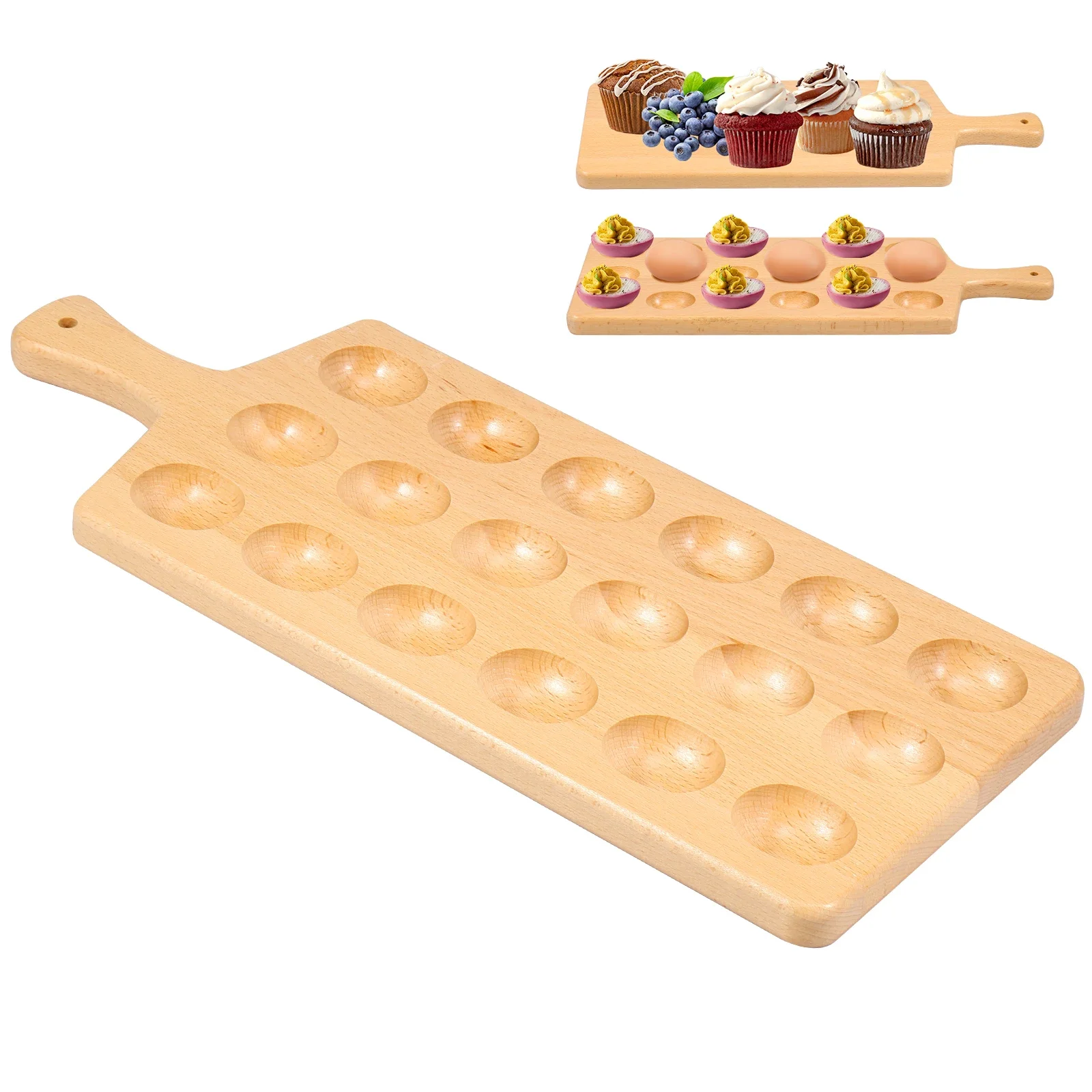 Deviled Egg Tray 18 Holes Wooden Egg Holder with Handle 46x18cm Reversible Deviled Egg Platter Multipurpose Charcuterie Board