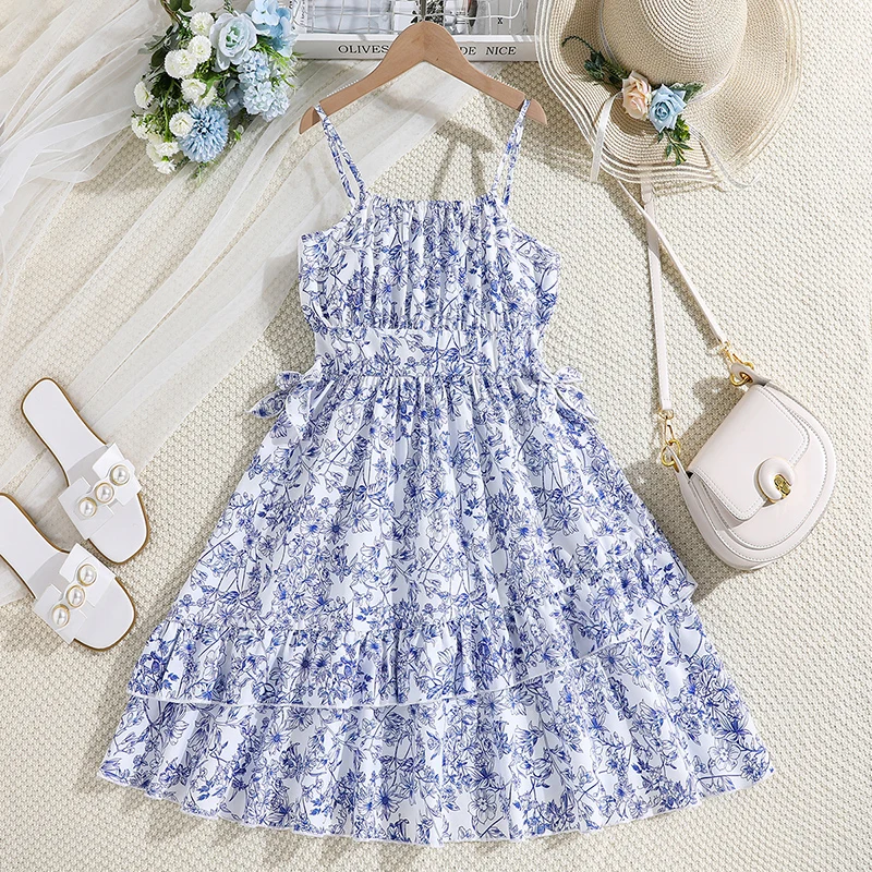 Dress For 8-12 Years Girls Print Sling Dress New Resort Style Fashion Trend Dress For Birthday Party Summer Vacation Costume