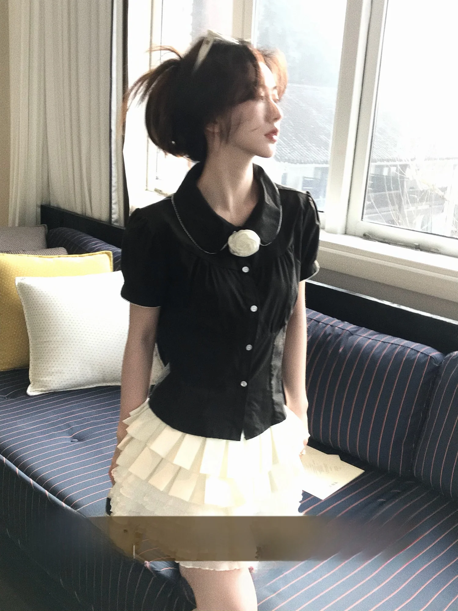 

Conicles Doll Collar irt Women's Color Blo 3D Flower Print Cotton ort Sve Casual irt Gathered Waist